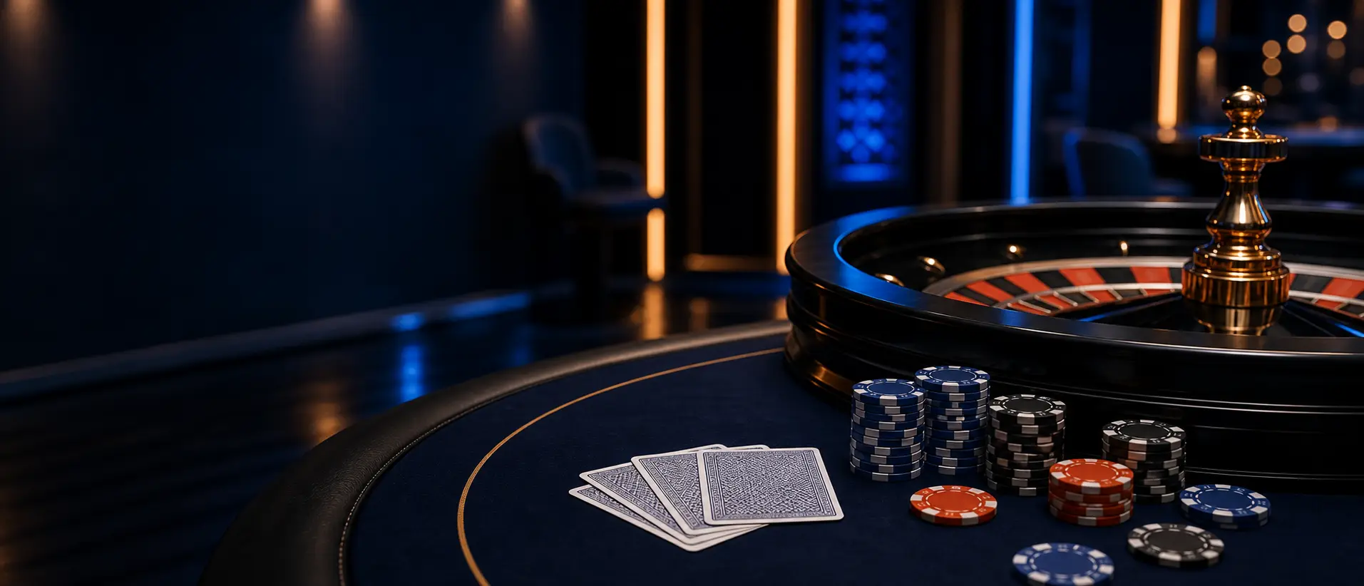 Foto editoriale realistica di lobby casino premium in palette navy e arancio